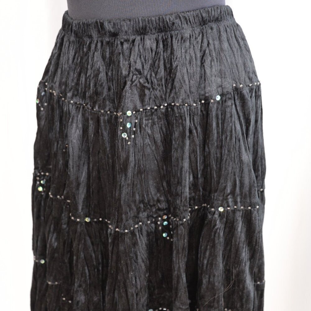90s Whimsigoth Crushed Velvet Beaded Black Tiered Midi Skirt Sz S - Picture 6 of 8